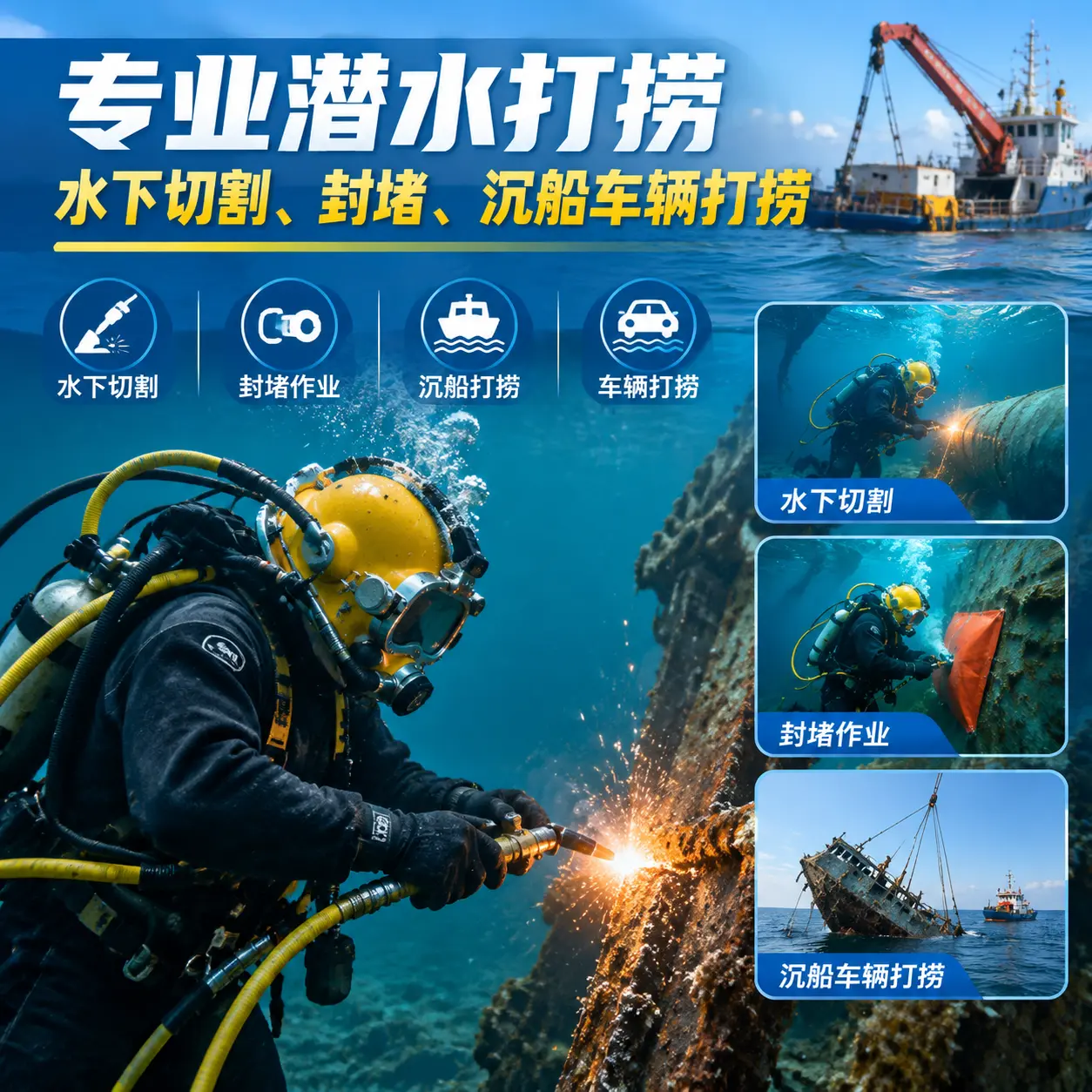 专业潜水打捞｜水下切割、封堵、沉船车辆打捞万全